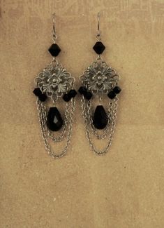 Chandelier Earrings, Black Earrings, Black Crystal Earrings, Gifts for Her, Goth Earrings, Dangle, P Cheap Metal Chandelier Earrings, Black Victorian Dangle Jewelry, Elegant Black Oxidized Finish Earrings, Black Beaded Metal Dangle Earrings, Black Pewter Jewelry As A Gift, Black Drop Earrings With Oxidized Finish, Black Metal Earrings With Oxidized Finish, Gothic Oxidized Metal Earrings, Black Victorian Dangle Earrings