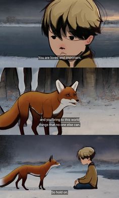 the fox and the girl are talking to each other in front of a snowy landscape