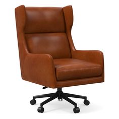 a brown leather office chair with black wheels