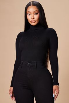 Tara Turtle Neck Sweater - Black | Fashion Nova, Sweaters | Fashion Nova Turtleneck Outfits For Women, Jodie Joe Fashion Nova, Black Turtleneck Outfit, Winter Baddie, Jodie Joe, Black Things, Highlights Curly, High Cut Bodysuit, Work Fits