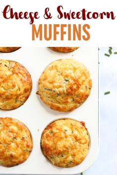 mini cheese and sweetcorn muffins on a white tray with text overlay