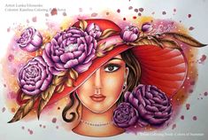 a drawing of a woman with flowers on her hat