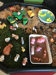 a tray filled with toys and food on top of a table