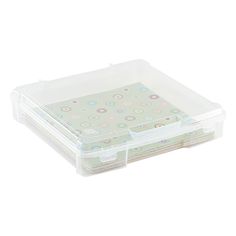 a plastic storage box filled with lots of papers