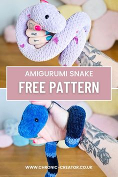 an amigurum snake is being held by someone's hand with the caption free pattern