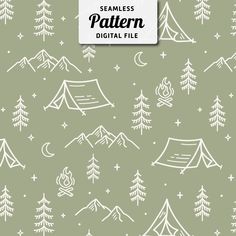 seamless pattern with camping tents and campfires in the woods on a green background