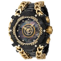 This beautiful Invicta MLB watch contains a precise Quartz movement in addition to a black, gold case. Its face displays a gold, black, oyster, mother of pearl, metal dial protected by a highly resistant Flame Fusion Crystal. This timepiece is completed by a black, gold, stainless steel band and it offers water resistance of up to 200 m. Building each timepiece for the fierce of heart, Invicta watches are an exemplary demonstration of versatility, setting a precedent for braving the most adventu Terra Invicta, Invicta Watches Women Gold, Invicta Watches Pro Diver, Luxury Self-winding Yellow Gold Pocket Watch, Mens Invicta Watches, Collectible Yellow Gold Self-winding Pocket Watch, Premium Watches, Invicta Watches, Buy Watches