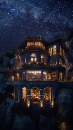 an image of a house at night with the stars in the sky above it and lights on