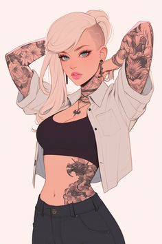 a drawing of a woman with tattoos on her arms and chest, wearing black pants