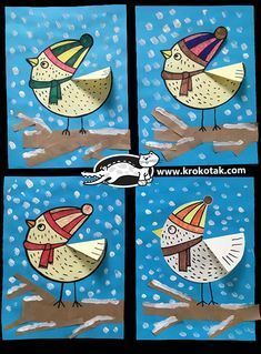 four pictures of birds wearing hats and scarves