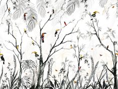 birds are perched on the branches of trees in front of a white background with black and yellow leaves