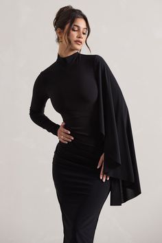 Tamika Black HighNeck CapeSleeve Midi Dress With Feathers Club L Dark Glamour, Dress With Feathers, Feather Cuff, Long Cape, Black Dress Prom, Black Tie Gala, Strappy Stilettos, Party Dress Long Sleeve, Cape Sleeves