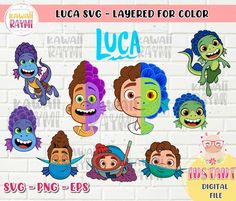 cartoon character heads with different facial expressions and colors on a white brick wall, including the name lucia svg - labeled for color