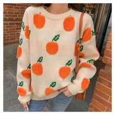 Top Seller for Women Knit Pullover Fruit Jacquard Sweater Jumper Casual Loose Orange Tops, New Womens Sweaters Cherry Sweater, Orange Pullover, Winter Knitwear, Cherry Pattern, Winter Knit Sweater, Oversized Sweater Women, Pull Oversize, Long Sleeve Jumper, Orange Sweaters