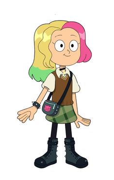 an animated girl with pink hair and black boots, holding a camera in her hand