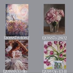 four different paintings with flowers in vases