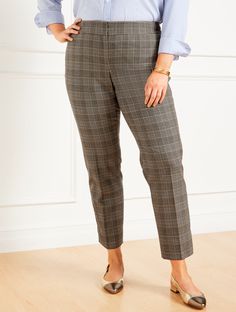 The perfect piece for work and travel. Our versatile slim leg pants in a timeless Glen plaid pattern. Crafted with an ankle length that shows off your favorite shoes. Hello, comfort and style. Features Flat Front Slim Leg Hits High Waist Ankle Length Front zip with hook & bar closure Front Angled Slip, Back Welt Pockets Lined Imported Fit: Misses: 28"; Petite: 25 1/2"; Plus: 28"; Plus Petite: 25 1/2" Material: 69% Polyester, 29% Viscose, 2% Spandex; Lining: 100% Polyester Care: Machine Wash Cold; Only Non-Chlorine Bleach When Needed; Tumble Dry Low; Cool Iron, If Needed | Slim Ankle Pants - Glen Plaid Talbots Pants For Petite Women, Pants For Petite, Work And Travel, Glen Plaid, Slim Leg Pants, Petite Women, Work Travel, Slim Leg, Ankle Pants