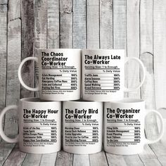 five coffee mugs with the names of different companies in black and white on them