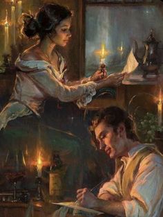 a painting of a man and woman sitting at a table with candles in their hands