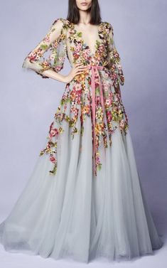 Embroidered v-Neck gown, long sleeve prom dress,tulle party dress,flower evening dress,party dress with appliques Gaun Tulle, Marchesa Gowns, Tulle Party Dress, Long Sleeve Prom, Beauty Dress, Prom Dresses With Sleeves, Prom Dresses Long With Sleeves