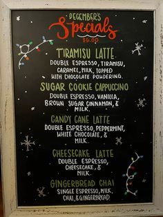 a chalkboard sign with some writing on it that says speciale's and christmas treats