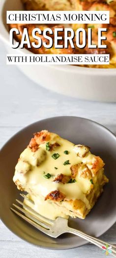 a slice of casserole on a plate with a fork in it and the title overlay reads christmas morning casserole with hollandese sauce