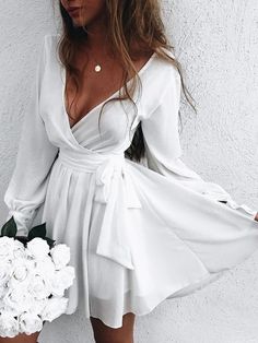 Mini Dress Fashion, Dress With Long Sleeves, White Chiffon, Grad Dresses, Trend Fashion, Mode Inspiration, White Mini Dress, Outfits Casuales, Dress White