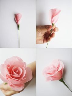 the process of making a paper flower is shown in three different stages, including one being held