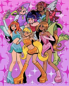 the cartoon characters are all dressed up in different outfits and hair colors, with one girl holding