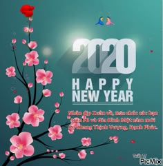 a happy new year card with pink flowers