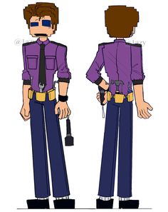 a drawing of a police officer in purple shirt and tie with sunglasses on his head