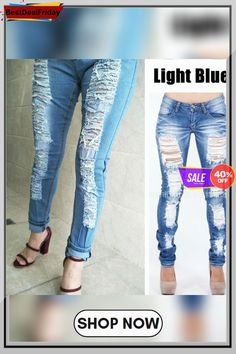 Distressed Jeans Ladies Cotton Denim Pants Stretch Womens Ripped Skinny Denim Jeans for Female Stretch Ripped Straight Leg Pants, Non-stretch Ripped Denim Blue Pants, Stretch Distressed Denim Blue Pants, Distressed Stretch Denim Blue Pants, Distressed Jeans, Denim Pants, Denim Jeans, Dark Blue, Light Blue