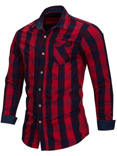 Plaid Pattern Turn Down Collar Shirt - Red - 4D85173012 - Men's Clothing, Men's Tops & T-Shirts, Men's Shirts  #MensShirts #Men's #Clothing # #Men's #Tops #& #TShirts # #Men's #Shirts Border Box, Plaid Shirt Men, Plaid Outfits, Slim Fit Casual Shirts, Slim Fit Dress Shirts, Casual Long Sleeve Shirts, Dress Shirt Sleeves, Fitted Dress Shirts, Slim Fit Dresses