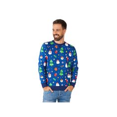 A delightful night sky adorned with delightful Christmas icons. Classics like Santa, snowmen, elves, candy canes and so much more. Feel the holiday spirit while keeping warm in this sweater! A delightful night sky adorned with delightful Christmas icons. Classics like Santa, snowmen, elves, candy canes and so much more. Feel the holiday spirit while keeping warm in this sweater! Crewneck Long sleevesFIT & SIZING Midweight fitFABRIC & CARE Polyester Machine wash Imported Color: Blue. Gender: male Casual Christmas Sweater For Festive Occasions, Blue Christmas Holiday Sweater, Blue Long Sleeve Christmas Tops, Blue Long Sleeve Tops For Christmas, Blue Christmas Holiday Tops, Blue Holiday Tops For Christmas, Blue Christmas Sweater, Graphic Material, Christmas Icons