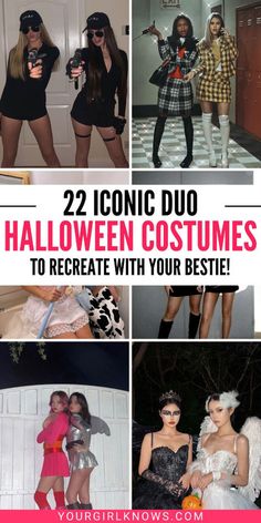 halloween costumes with text overlay that reads, 22 iconic duo halloween costumes to recycle with your bestie