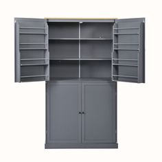 an open gray cabinet with shelves and doors