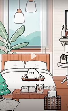 a bed room with a neatly made bed next to a window and a plant in the corner