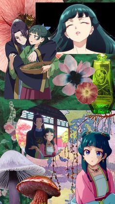 some anime characters with flowers in their hair and one is holding a green glass bottle