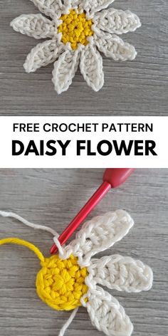 crocheted daisy flower with text overlay that says free crochet pattern daisy flower