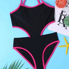 Girls One Piece Shein Swimsuit Brand New, Bought The 130 But Fits More Like An 8/9 Runs Small Apparently. Playful Black Swimwear For The Beach, Playful Black Swimwear For Beach Season, Black Stretch Swimwear For Play, Black Summer Beachwear Swimwear, Playful Pink Swimming Bodysuit, Playful Pink Bodysuit For Swimming, Playful Pink Bodysuit For Pool, Pineapple Swimsuit, Mermaid Bathing Suit