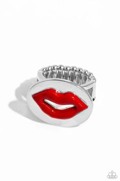 Featuring a textured sheen, a pair of red lips puckers atop an oval silver disc on airy silver bands to create a youthful centerpiece. Features a stretchy band for a flexible fit. Bedazzled Jewelry, Hot Pink Lips, Silver Bands, Red Rings, Paparazzi Accessories, Pink Ring, Paparazzi Jewelry, Pink Lips, Grunge Fashion