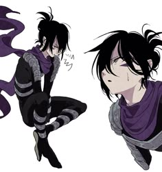 two anime characters with black hair and purple clothes