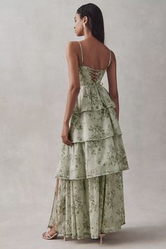 V. Chapman Caterina Corset Ruffle Dress | Anthropologie Mamma Mia Dresses, Sage Green Wedding Guest Dress, Olive Green Formal Dress, Corset Ruffle Dress, Senior Ball Dresses, Ruffled Prom Dress, Floral Green Dress, Whimsical Dresses, Caterina Dress