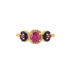 Diamond & Ruby 14K Gold Vermeil Over Sterling Silver Enameled Art Deco Ring 925 Silver = 3.25 gm. Diamond & Ruby = 1.00 ct. Diamond is the birthstone for April and is a symbol of purity and innocence. Ruby is the birthstone for July and is a symbol of energy, power and love. The beautiful Ring measures to be US Size 8 and can be re-sized at no extra cost. The Ring is made by a team of highly trained and skilled artisans. What is Vermeil 14K Gold? It is a thick layer of 14K Gold plating on 925 St 14k Gold Hallmarked Enamel Ring, Gold Oval Enamel Ring With Gemstone, Oval Enamel Gemstone Ring In 14k Gold, Oval Enamel Rings With Gemstone, Enamel Multi-stone Rings As A Gift, Yellow Gold Enamel Diamond Ring, Yellow Gold Enamel Promise Ring, Yellow Gold Round Enamel Promise Ring, Yellow Gold Round Enamel Ring With Gemstone