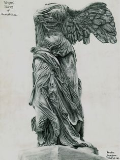 a drawing of an angel statue with its wings spread