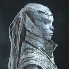 a woman with long white hair wearing armor