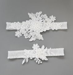 Lace garter set - Lace and various hand-beaded ivory beads and pearls on delicate embroidered lace, hand sew the stretch band. ** Set of garter (Keepsake garter & toss garter) ** Stretch band color :  white and ivory ** Lace piece size :  keepsake garter approximately 5" X 3"                          toss garter approximately 3.5" x 2" ** Comes with a pink box. ** Here is a listing for keepsake garter. https://www.etsy.com/listing/1682163076/lace-garter-beaded-lace-garter-wedding?click_key=a90fdfc849e8deb4bd2ac5802bbb07f5981607e9%3A1682163076&click_sum=8cb8a174&ref=shop_home_active_61  Custom Order  Please choose your thigh size (where you will be wearing the garter) and leave your wedding date(for a timely delivery) in the "note to seller" box during your checkout.  Garter Size Measuremen Garter Keepsake, Garters For Wedding, Garter Set Wedding, Lace Wedding Garter Set, Lace Garter Set, Garter Toss, Garter Wedding, Wedding Garter Lace, Bridal Garters Set