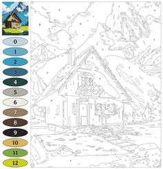 a coloring page for children with a house in the background and numbers on each side