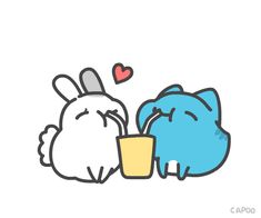 two cartoon animals drinking out of a cup and one has its head on the other