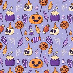 an image of halloween candy and candies on a purple background with pumpkins, jack - o'- lanterns